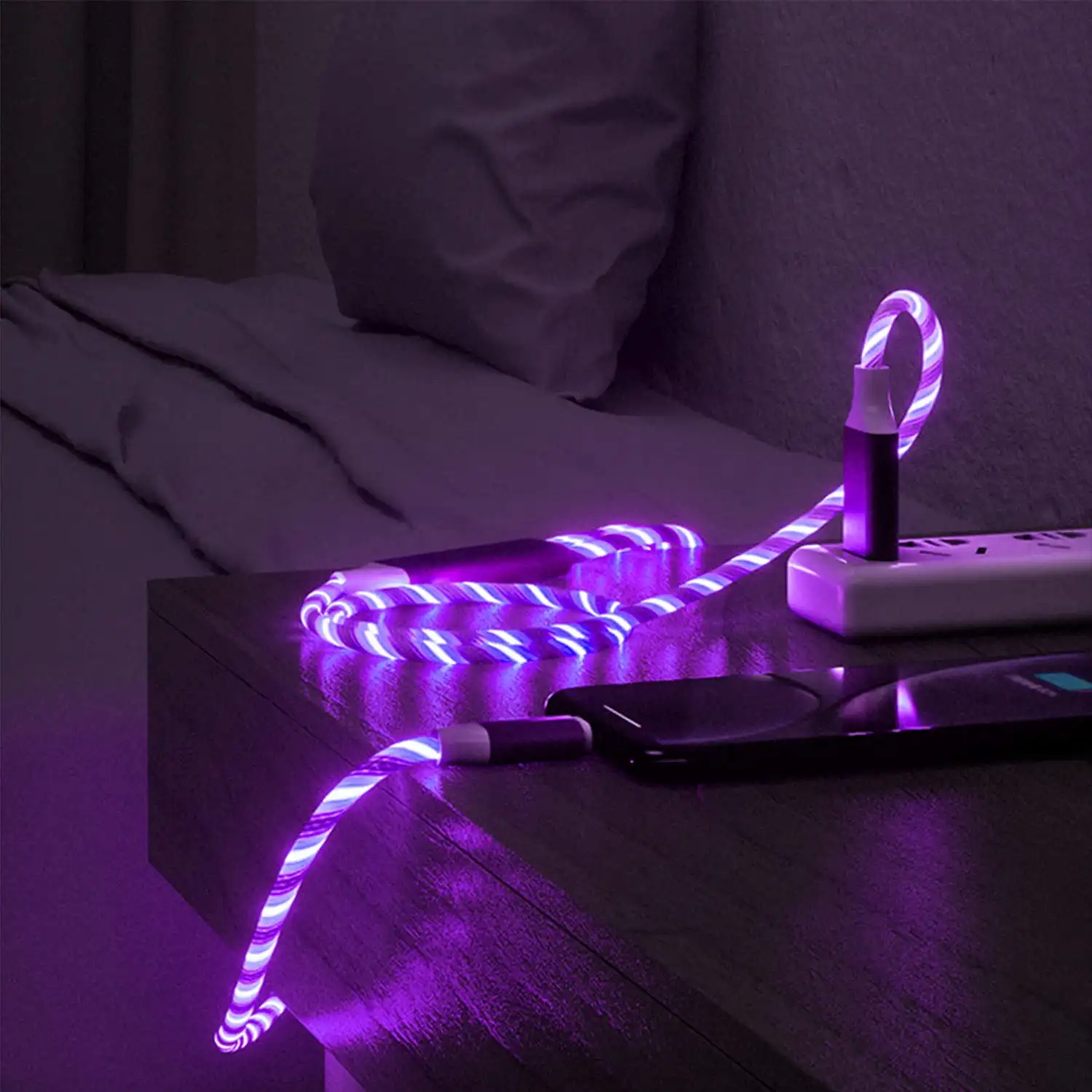 3 1 Durable Charging Cable Fast LED Flowing Light Charger IOS Type C Micro USB Android 5A Current Nylon Jacket Braid Shielding