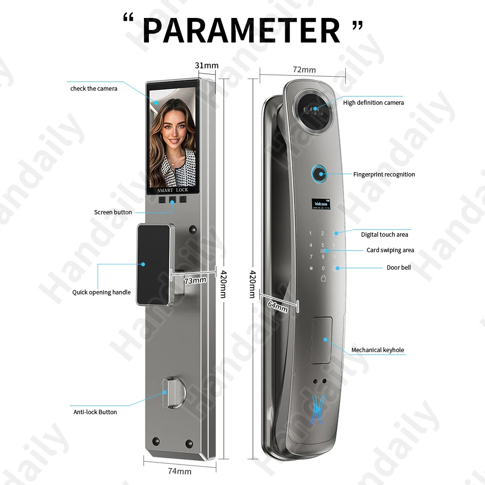 HanDaily Logo Custom Video Talking Smart Lock with Privacy Password Face Recognition Tuya Wifi Digital Locks H8