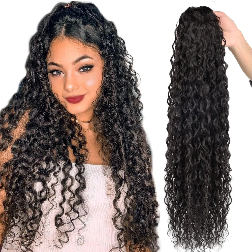 Extensii de coadă de cal creță cu clips în șnur coadă de cal perucă 100% păr uman real lung onduleu adânc coadă de cal perucă pentru femei_voghion.com