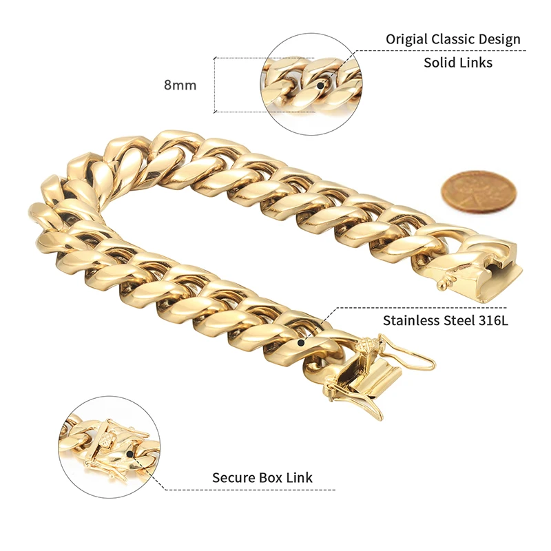 Mens 24k Gold Plated Miami Cuban Link Bracelet 316L Stainless Steel 8.5  20MM