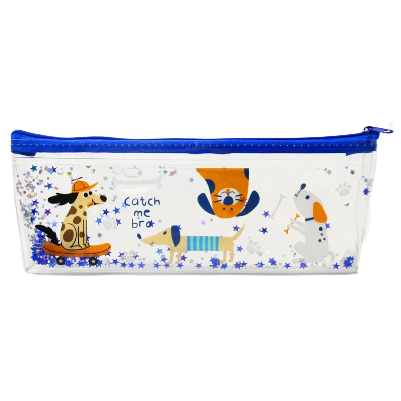 Cute Animal Design Clear PVC Pencil Case With Zipper for Kids and Students, Glitter Filled Transparent Stationery Organizer