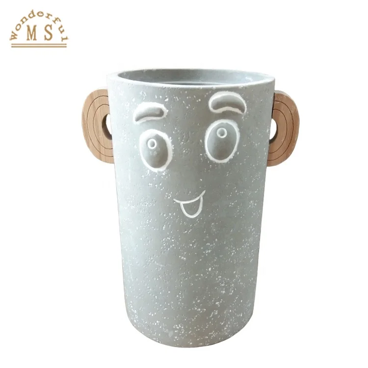 Concrete Face Planter with wooden ear for garden decoration,Mini Cement Succulent Flower Pot Face design with double wooden ears