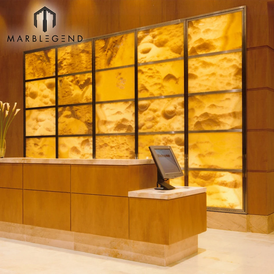 Living Room Backlit Wall Cladding Design Natural Yellow Bubble Orange Onyx Slab