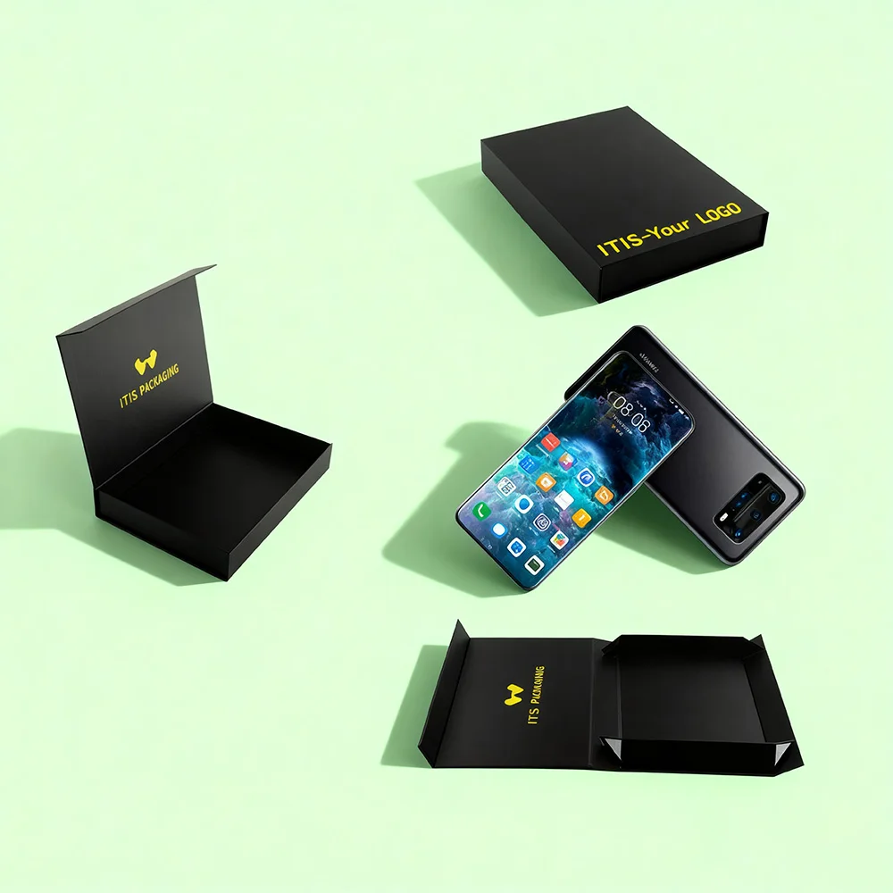 Luxury Phone Case Box | Custom Grey Board Magnetic Folding Packaging | Embossed Mini Gift Box with Protective Design