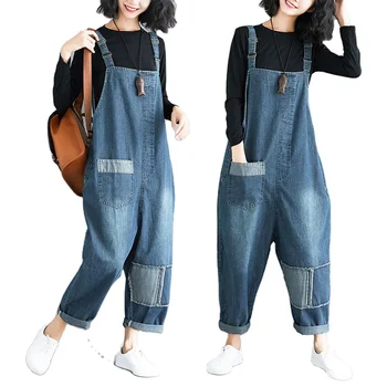 Spring Vintage New Casual Cargo Denim Washed Jeans Pants Suspenders Jumper Loose Pocket Trousers Womens Lady Overalls Pants