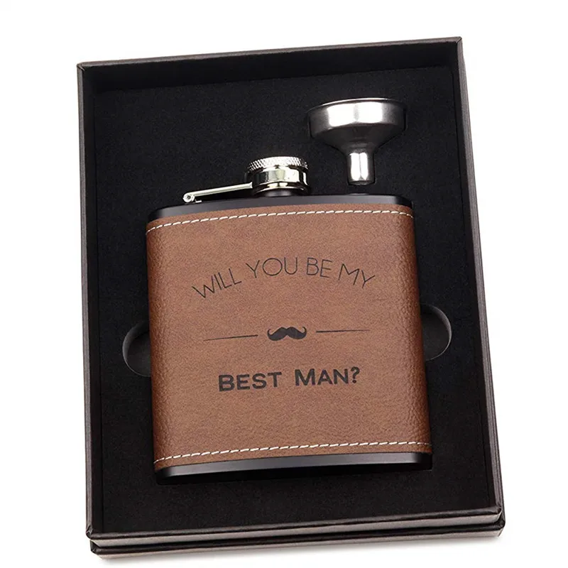 High Quality Engraved Custom 6 oz 7 oz 8 oz Vintage Liquor Alcohol Leather Wrapped Hip Flask Gift Set