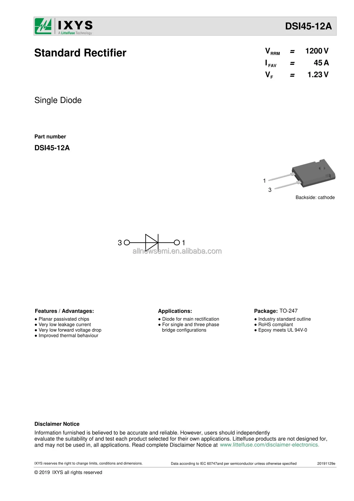 Hot sale Original DSI45-12A Rectifier Single Diodes GEN PURP 1.2KV 45A TO247AD Diode 1200 V Through Hole TO-247AD