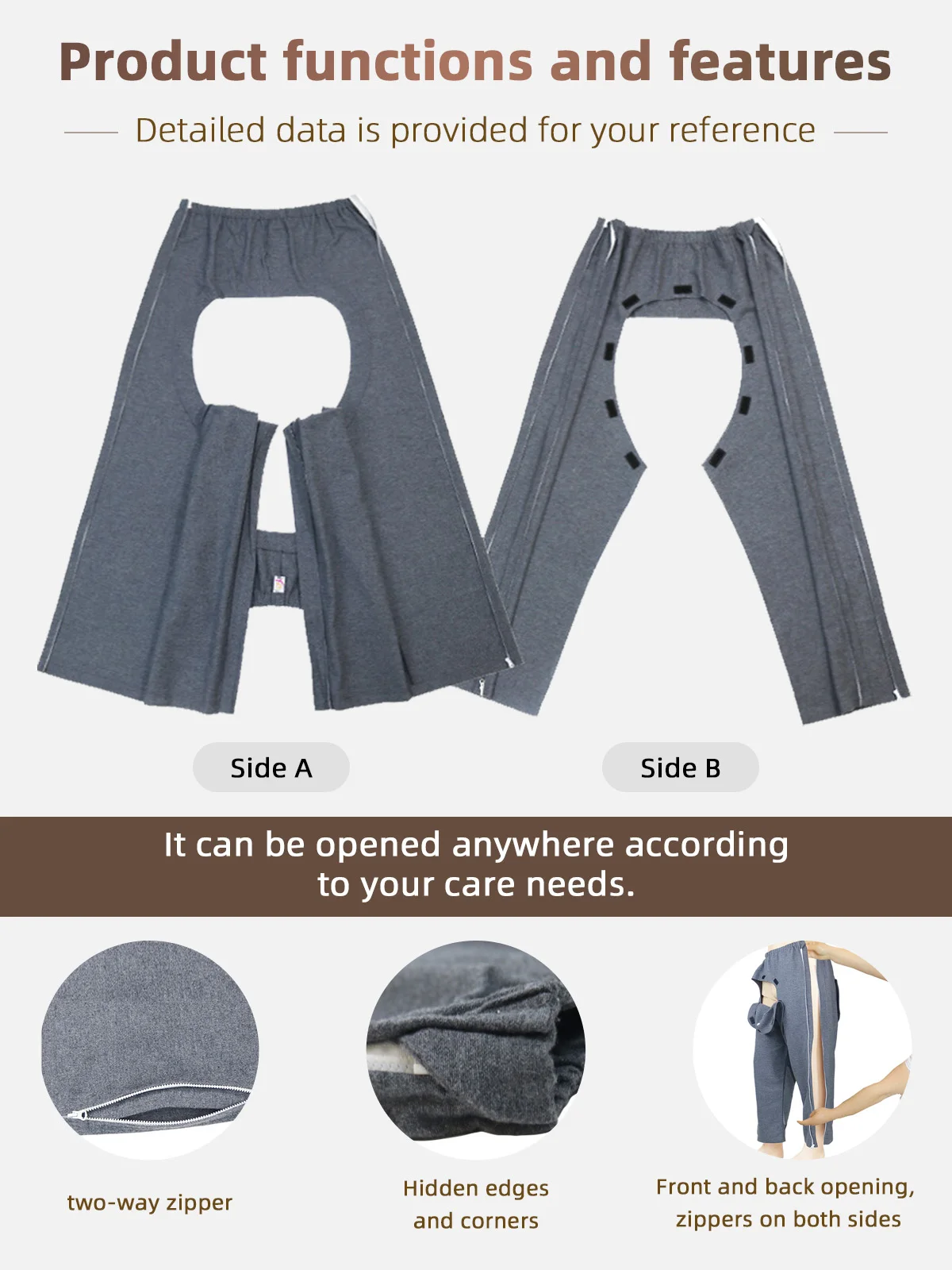 Open Crotch Cotton Zipper Patient Pants Patient Care Clothes for Surge - product detail 3
