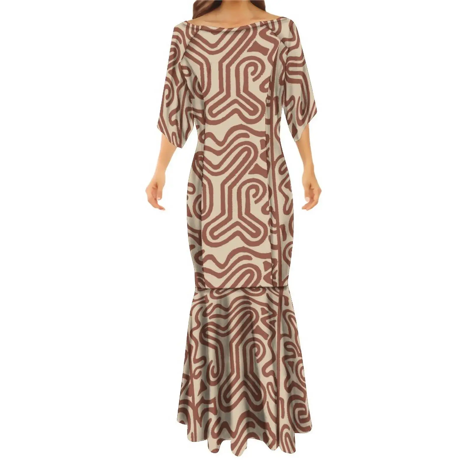 pacific bridesmaid dresses New Summer Polynesian Island Patterns Long Bell Sleeve Maxi Fishtail Dress Customized One Shoulder Bridesmaid Dress