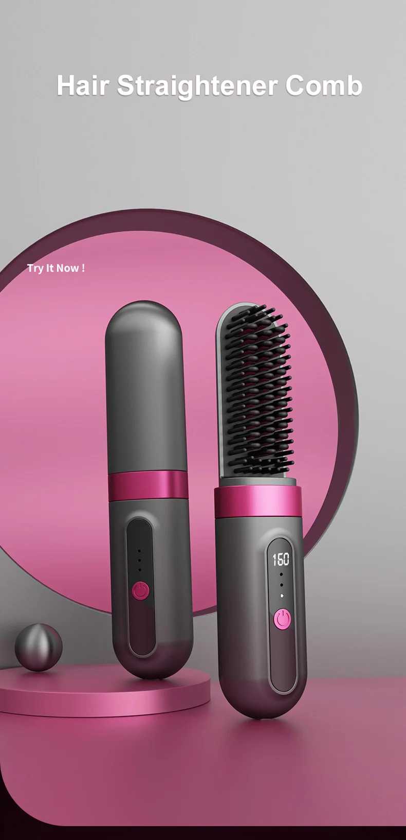 Professional Cordless Hair Straightener Comb LED Display Portable Wireless Rechargeable Hair Straightener Brush