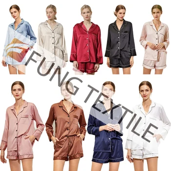 Fung 6002 Pajama Sets Home Nightwear Wholesale Pajama Sets Women Two Pieces long Sleeve Satin  Pajama Sets