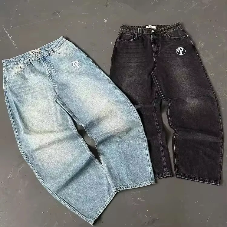 Customized High-end Letter Embroidered Patchwork Men's Jeans Straight Loose Pants Baggy Jeans Retro Washed Pants for Men gallery 5