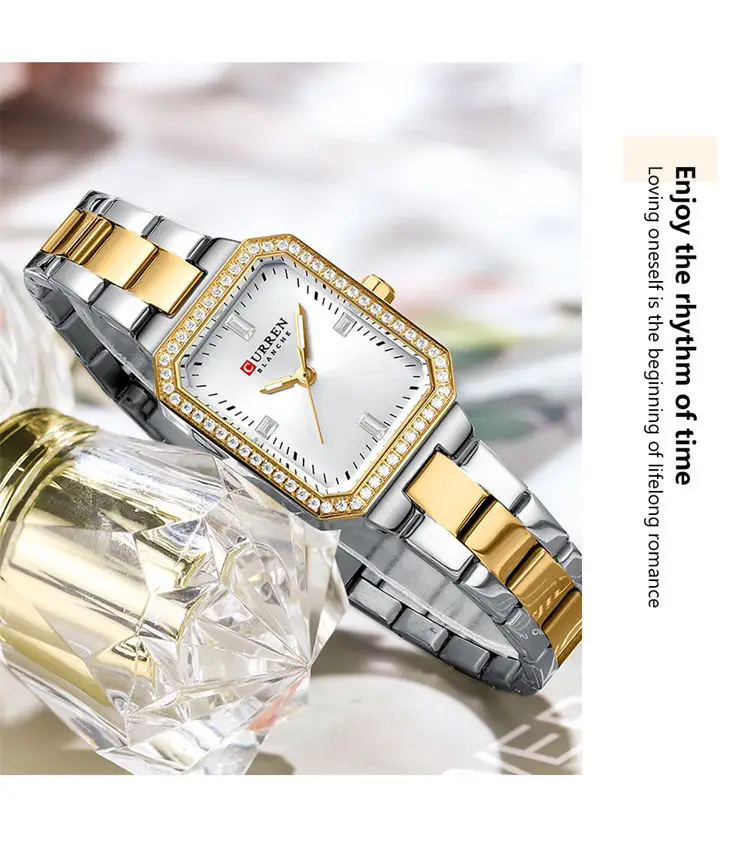 Curren 9102 Elegant Made in Prc Lady Quartz Watch Vive Stainless Steel Band Waterproofing Diamond Bling Business Reloj Watch