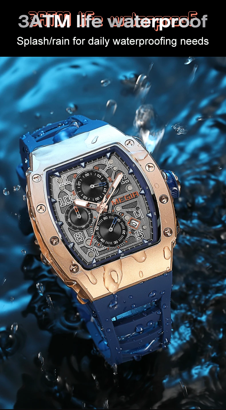 MEGIR 8411 Luxury Business Men's Quartz Wristwatch Fashion Blue Silicone Waterproof Luminous Pointer Dial Custom Watch