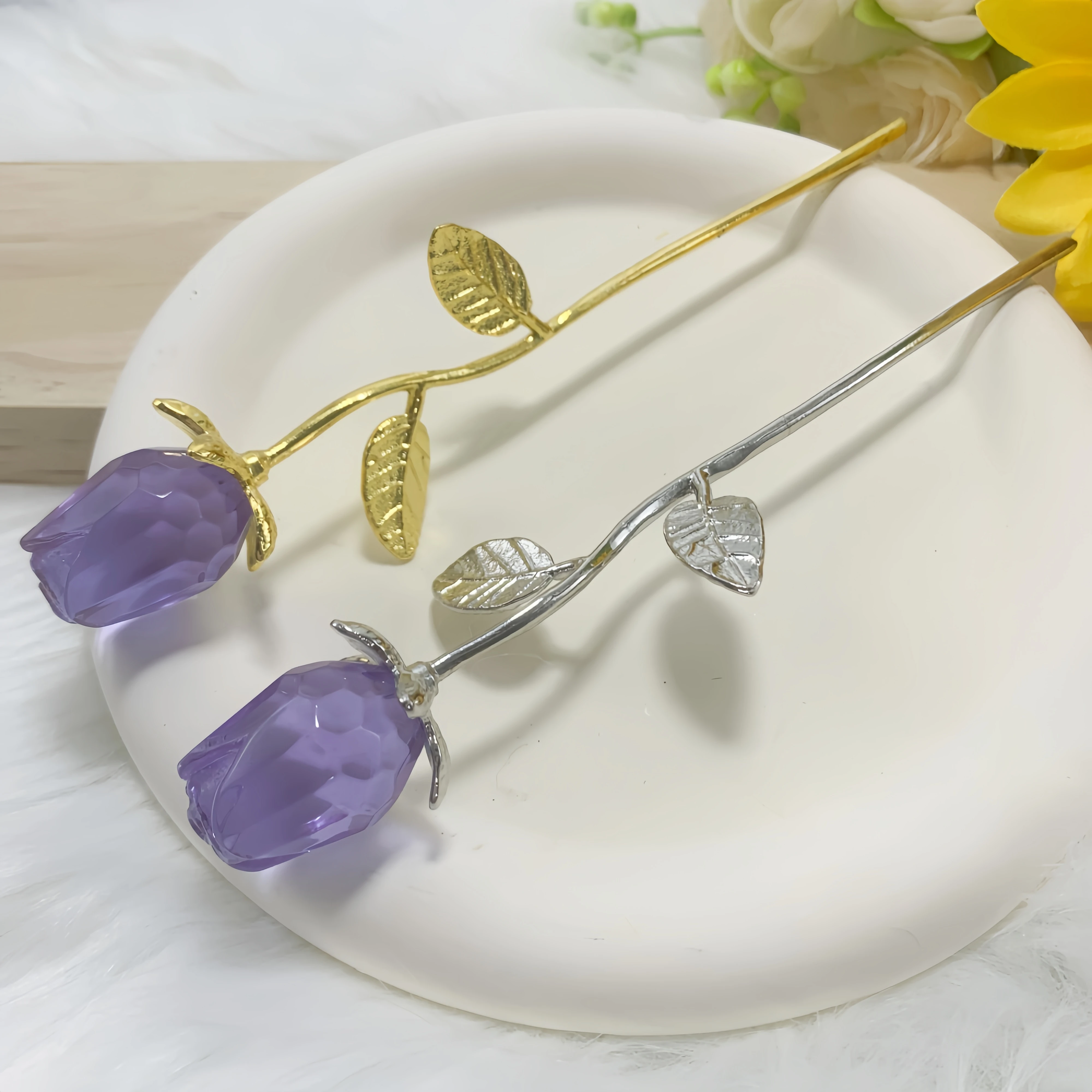 Purple Glass Rose Mini Crystal Flower Artificial Flowers Wedding Party Gift  Room Ornament Office Desktop Feng Shui Decoration