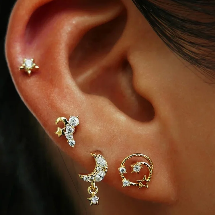 Moon and Star Double Piercing Earring 10k Gold