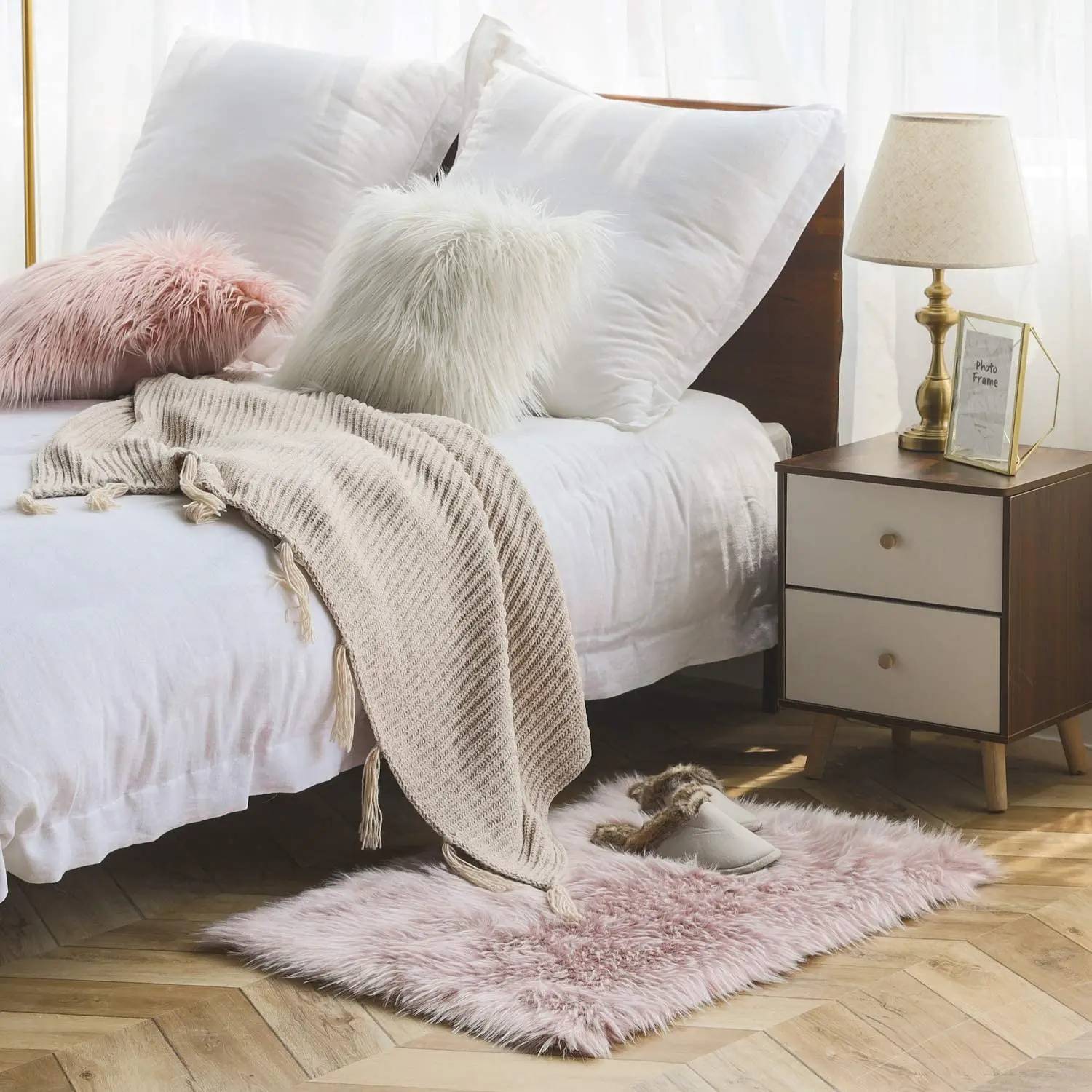 现代大号柔软长毛绒奢华长毛白色羊皮人造毛地毯卧室客厅 - buy white