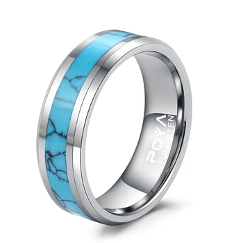 Custom Domed Wedding Engagement Band 8mm Polished Bevel Edge Natural Turquoise Inlay Silver Tungsten Ring For Man