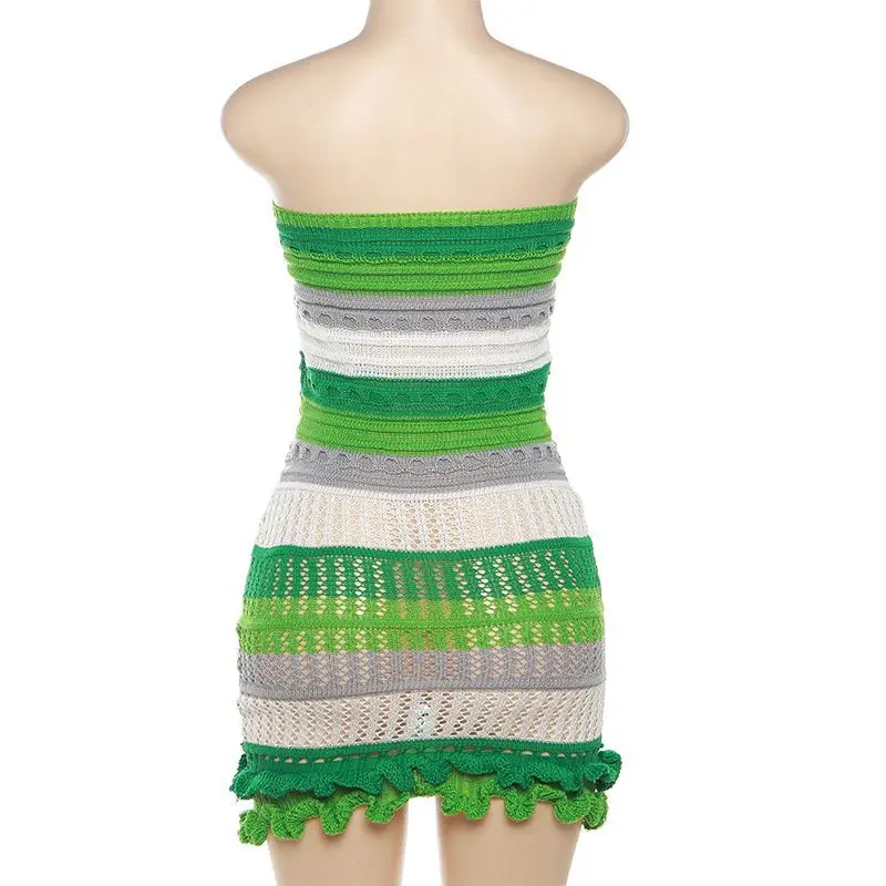 Explosive Models Patchwork Color Sleeveless Tube Knitted Summer Vacation Women Dress Sehe Fashion