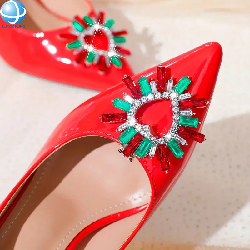 Shiny Green and Red Color Crystal  Shoe Buckle Heart Shape Rhinestone Detachable Shoe Clip for Ladies Shoe Accessory Gifts Jewel