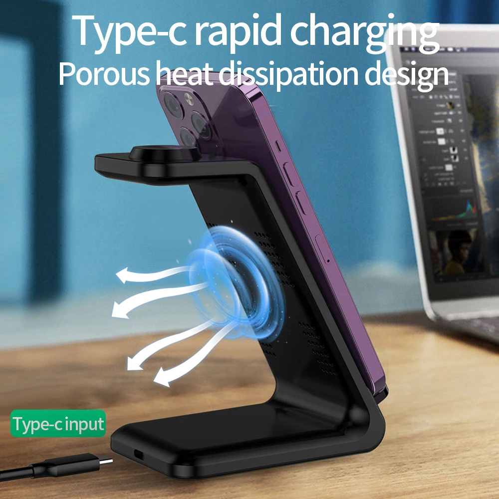 Multi-functional 3-in-1 Wireless Charger for IPhone IWatch AirPods, Desktop Wireless Charging Stand, 15W Fast Charging Q740