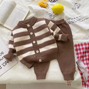 Striped Design Autumn Newborn Baby Kids Cardigan with Pant Toddler Knitted Eco-Friendly 2 Pcs Clothing Sets Wholesale