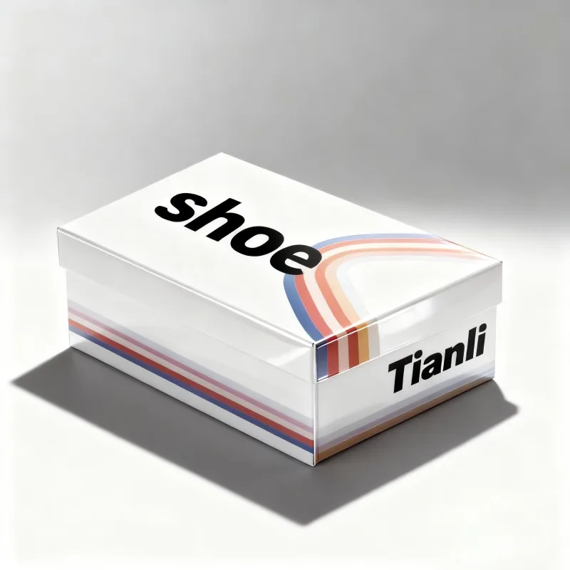 カスタムロゴ対応・オーダーメイドの頑丈なデジタル印刷アパレル・シューズボックス：ブラックスポットUV加工、マット仕上げ、光沢ラミネート加工対応の段ボール製シューズボックス