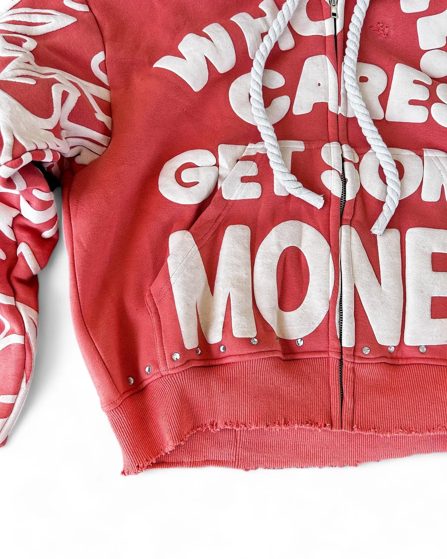 Custom Men Heavy Weight Boxy Distressed Cropped Rhinestone Pullover Oversized Acid Wash Puff Printing  Zip up Hoodie