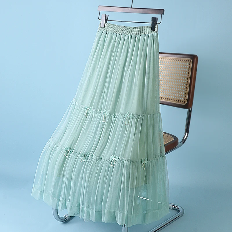Double Layer Mesh Bow High Waisted Midi Skirts for Women Pure Color Green Summer Pleated French Sweet Skirt
