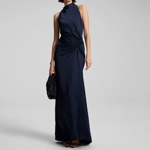 ZYHT 73971 High Heel Women Maxi Satin Dark Blue Sleeveless Halter Dress Ruched Waist Low MOQ Manufacturer