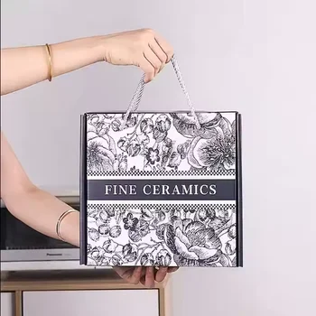 Luxury trendy tableware gift box with Chinese blue print including embossed matte laminated UV coated print