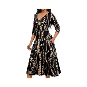 Women's Plus Size Floor-Length 3/4 Sleeve Loose Summer Chiffon Wrap Belt Casual Cocktail Dresses with Pockets ODM Curvy Style