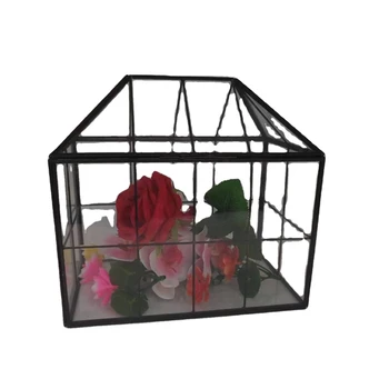 Hot Selling Home Indoor Tabletop Decor Handmade Geometric Container lack Grid House Shape Glass Terrarium Planter with lid
