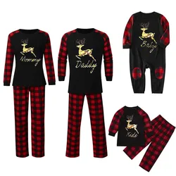 New Year 2022 Cheap Red Black Plaid matching long sleeved Cotton parent-child Children Toddler Reindeer Christmas Family Pyjamas