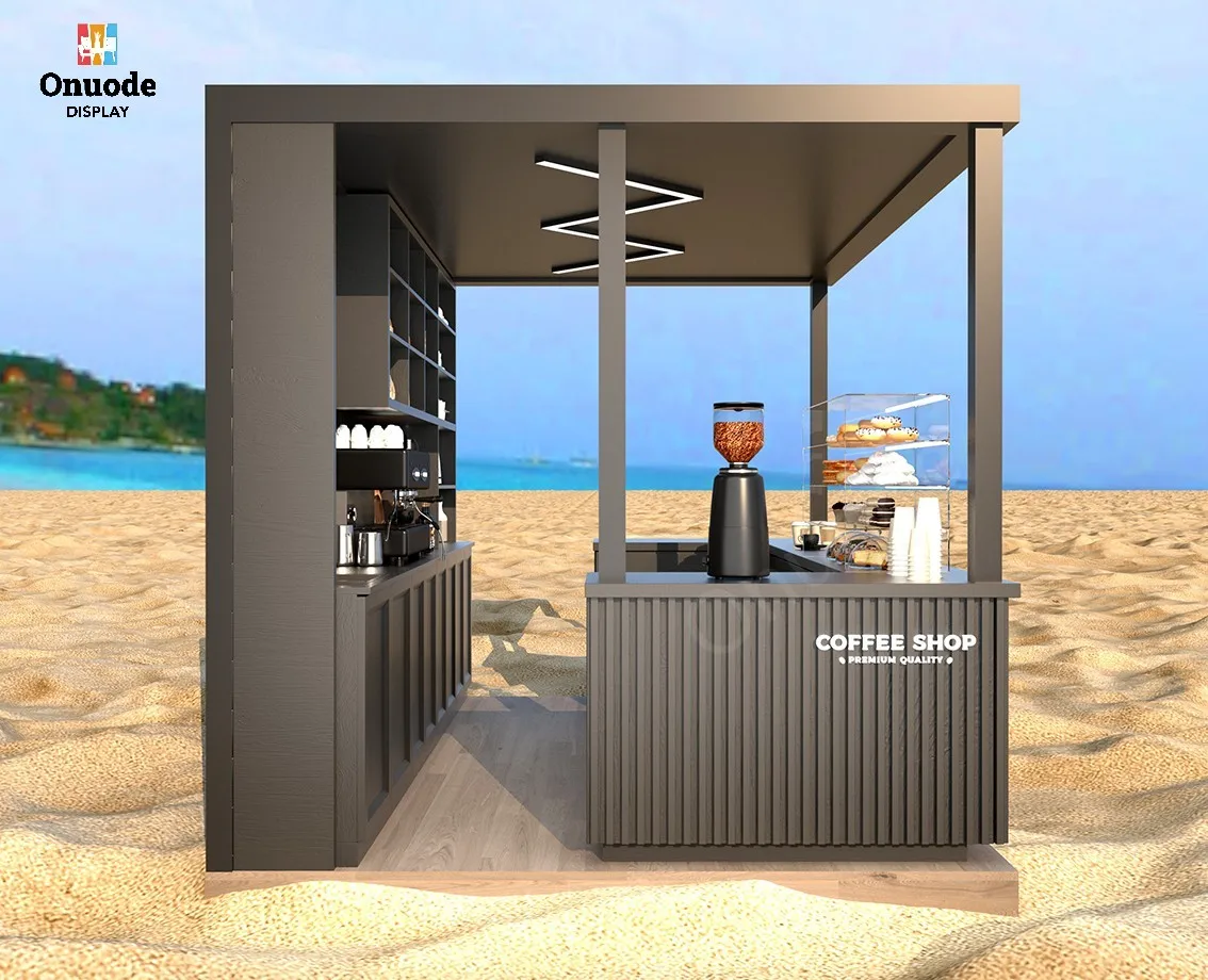 Onuode Custom LED Lighting Cafe & Mall Display Kiosk with MDF & Tempered Glass Eco-Friendly Furniture Design