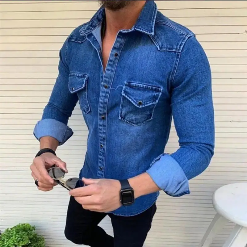 High Quality Men's Slimfit Cotton Denim Shirts Multi-Pockets Western Style Anti-Wrinkle Plus Size Casual Style
