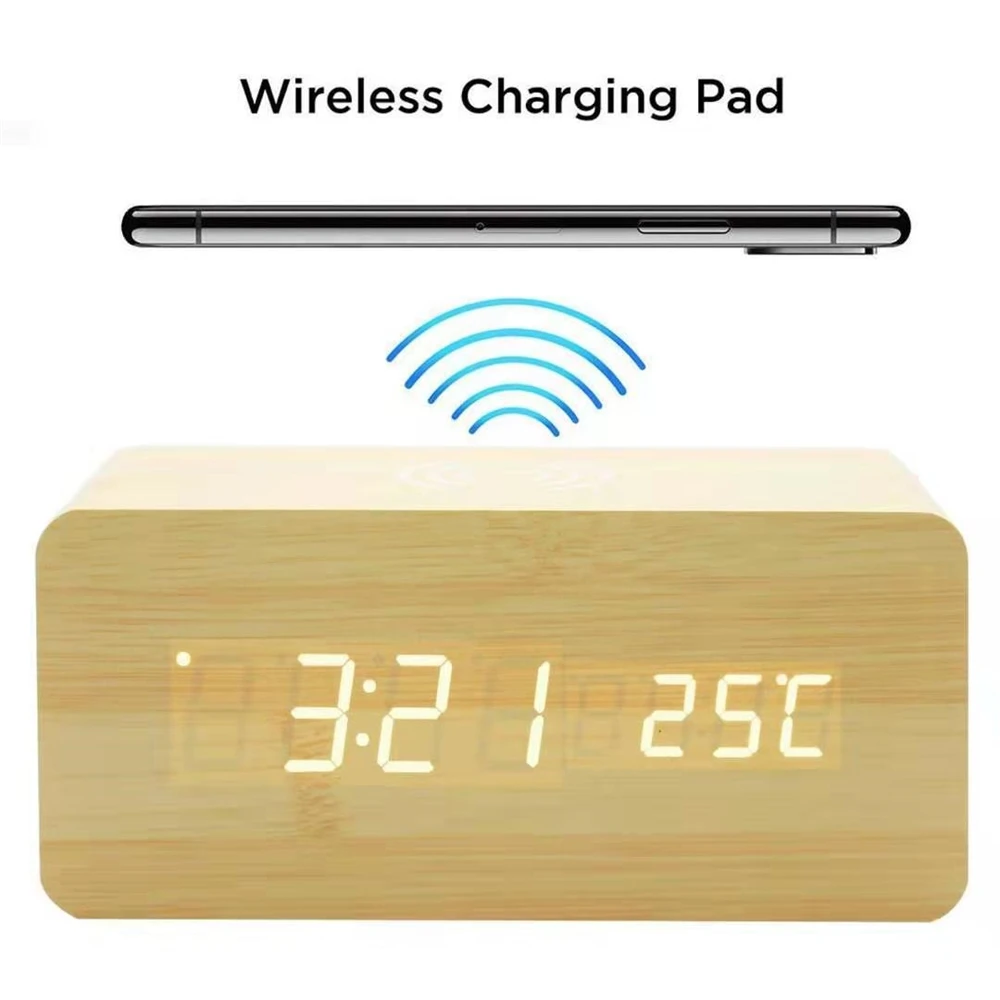 Wooden Led Alarm Clock Wireless Charger Charging Led Usb Electronic