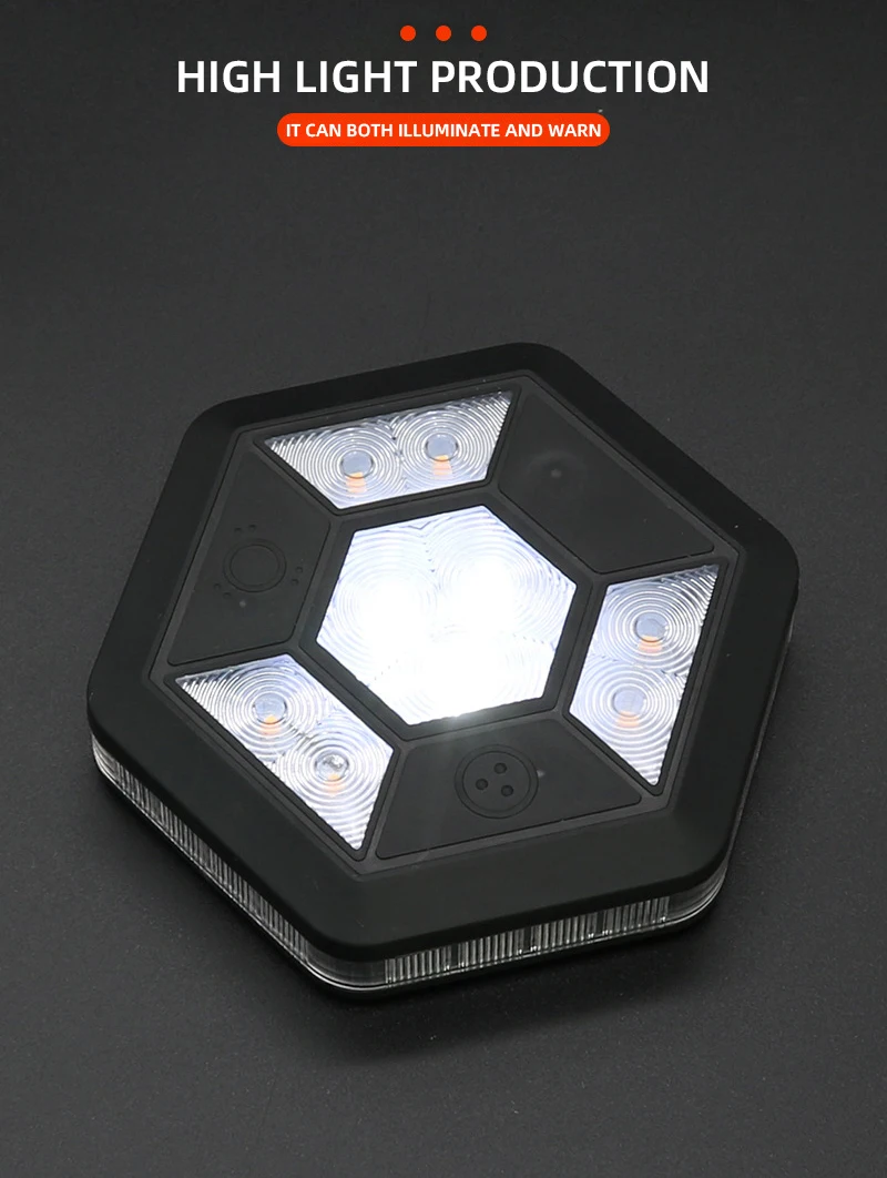 Hexagon 360 Degree Led Rechargeable Magnetic Warning Flashing Yellow White Traffic Safety Flash Car Safety Signal Light supplier