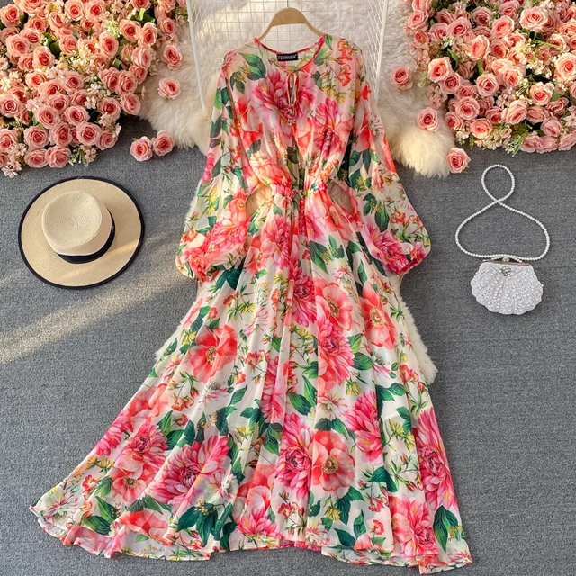 2023 Spring Women Pleated Dress Floral Print Large Swing Chiffon Dress Casual Maxi Dress
