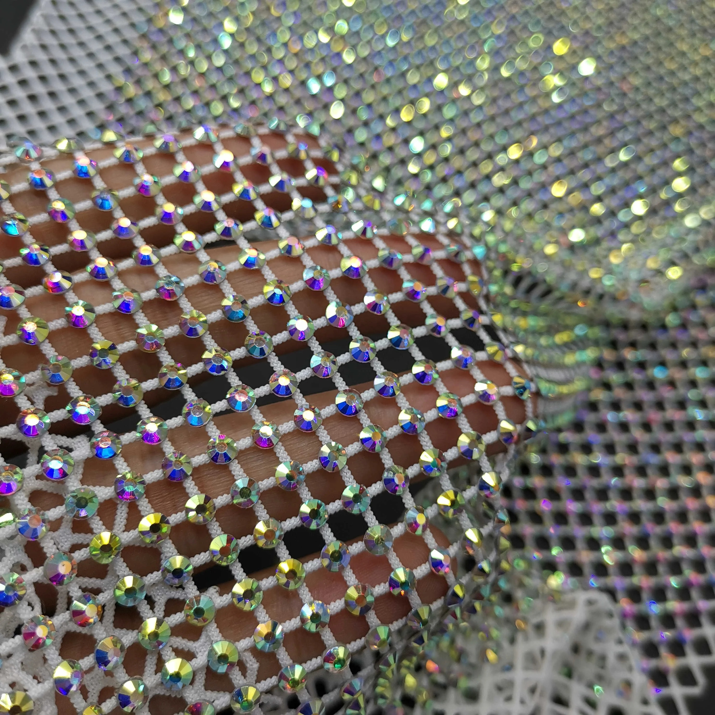 Crystal Elastic Hollow Diamond Mesh AB Glass Rhinestone Trim Fabric 23*40cm Glitter White Lace Wedding Party Fashion 120cm Width