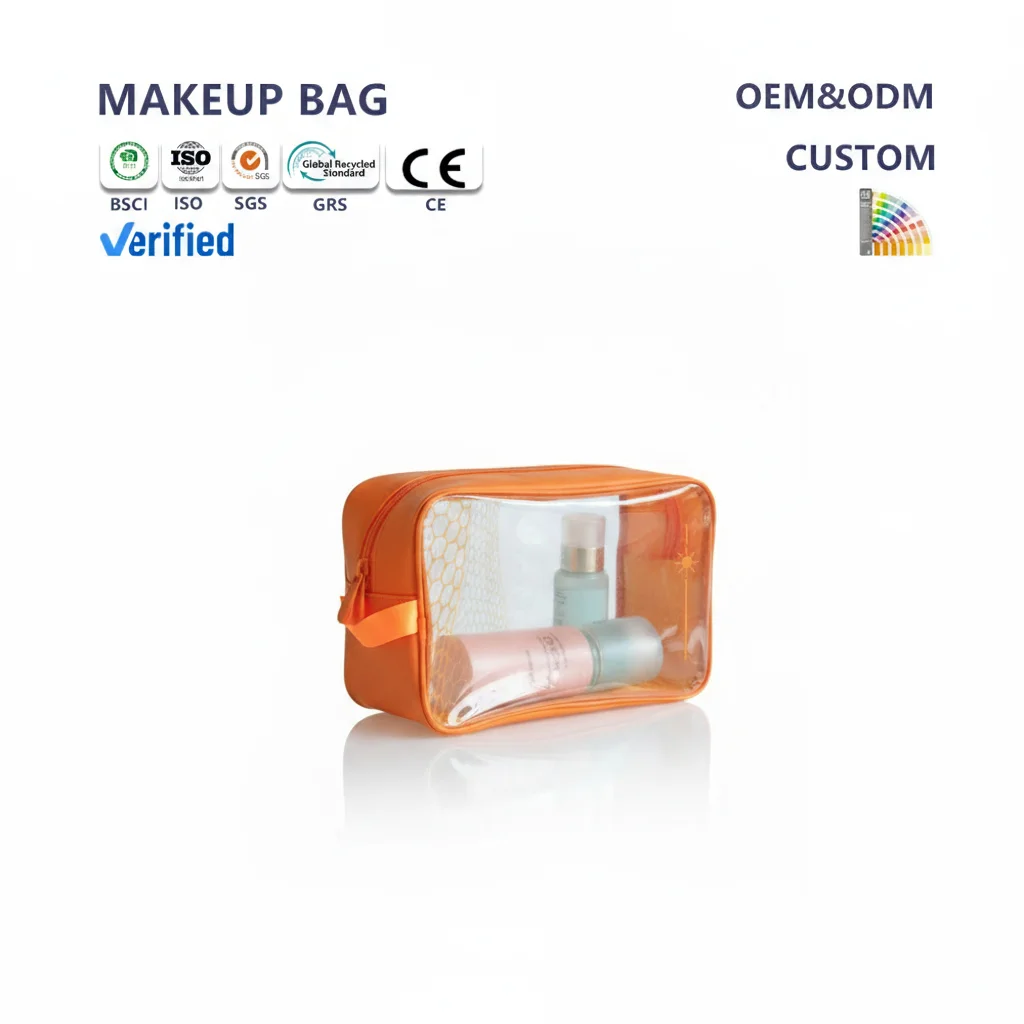 Orange Colored Large Capacity PVC Cosmetic Storage Bag PVC Makeup Bag a Factory for Customizing Makeup Bags