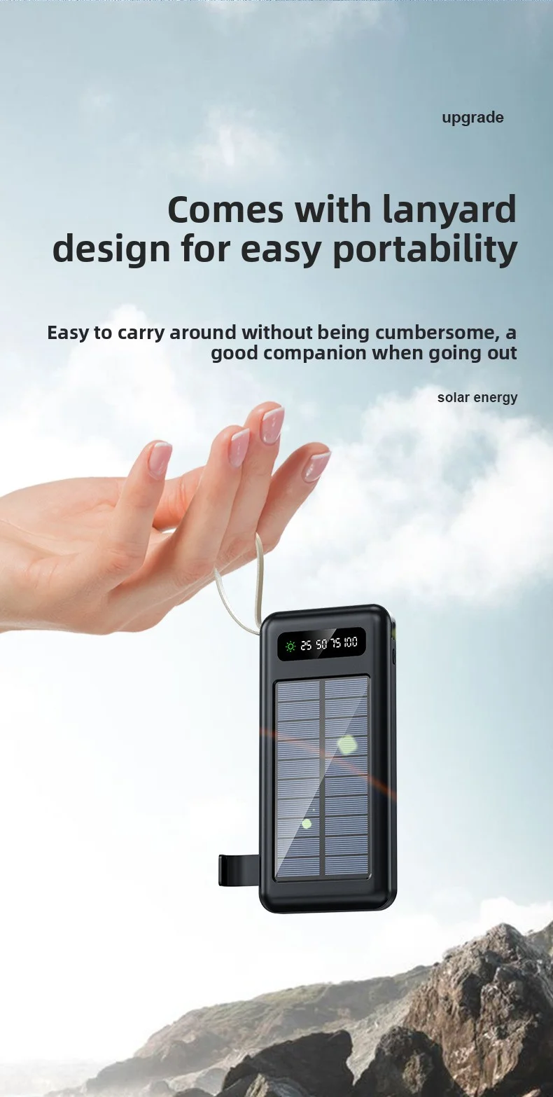 Top-Rated Portable Solar Power Bank with LED Display 4 Built-In Charging Cables LI-Polymer Battery-Best Seller
