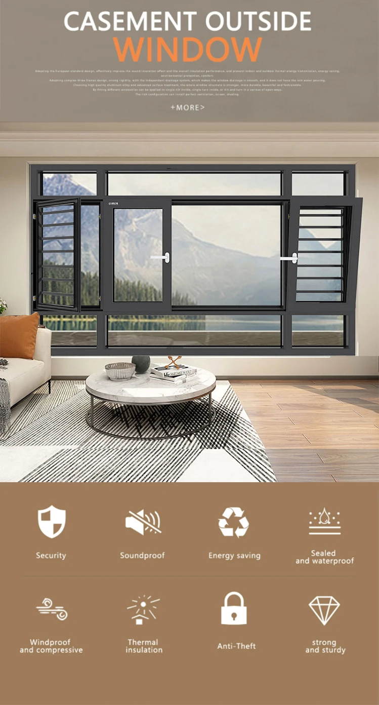 Luxury Design Aluminum Casement Window Interior Home Two Channel Window