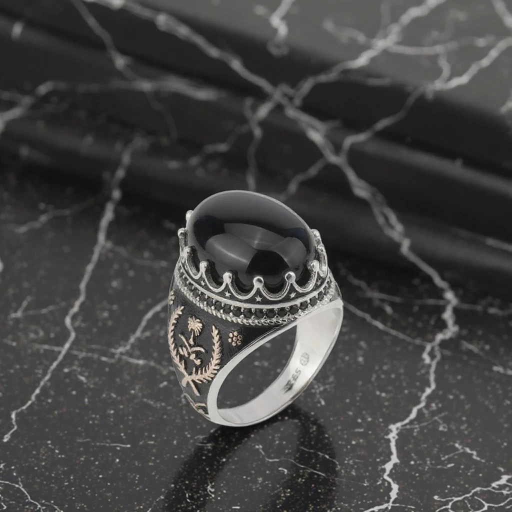 925 Sterling Silver Ring with Black Stone - Punk Fashion