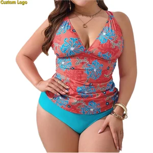 Custom Swimwear Floral Women's Plus Size Tankini Set Quick Drying Breathable Swimsuit with Cover Tummy Fashionable Beachwear