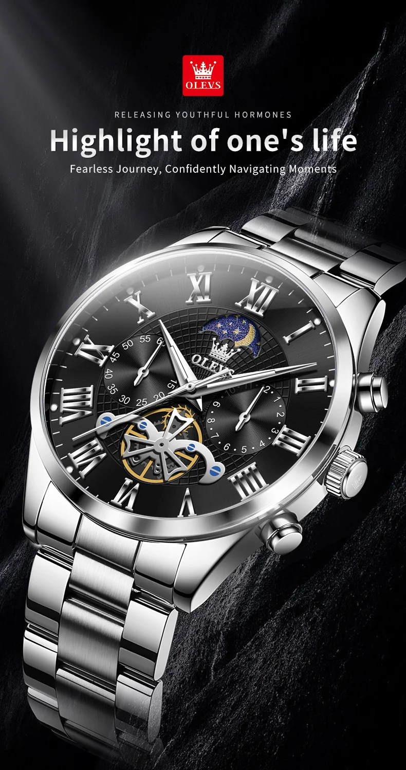 OLEVS 3640 Men's Watches TOP Brand Chronograph Moon Phase Roman Scale Stainless Steel Luminous Hands Waterproof Man Wristwatches