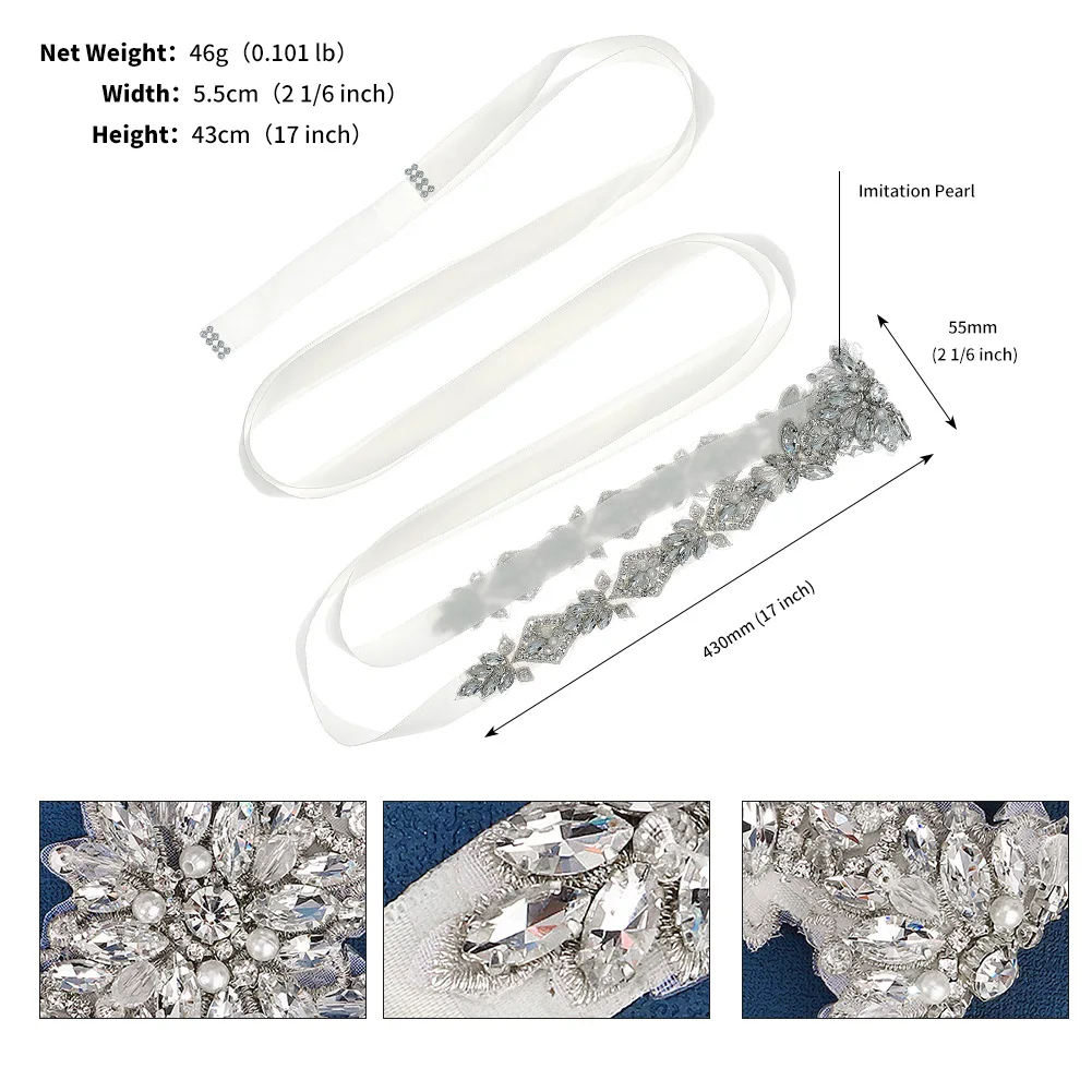 Long Ribbon Belt Silver Rhinestone Crystal Sewable Applique Wedding Dress  Bridal Decoration Waist Belt