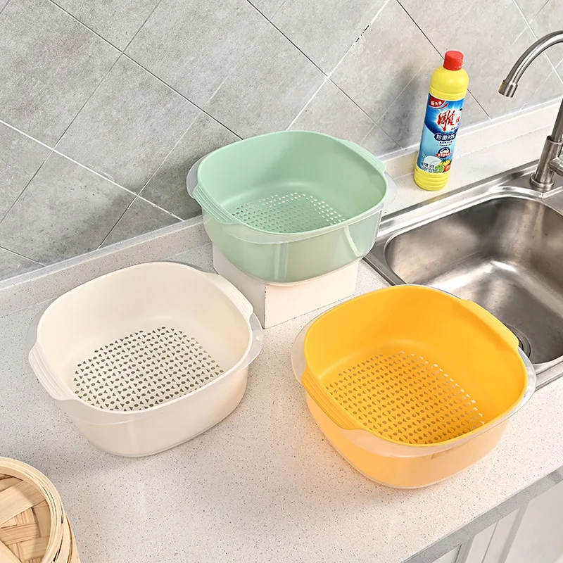 PET double drain basket creative color contrast plastic washing basket fruit basin household kitchen for fruit and vegetable manufacture