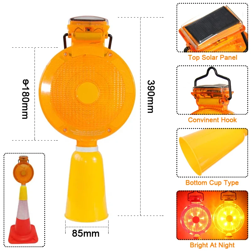IP68 Traffic Safety LED Temporary Traffic Light Solar Energy Street Warning Barricade Amber Flashing Lamp ABS PC White PU details