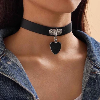 Cool Punk Leather Collar PU Goth Heart Pendant Choker Necklace for Women And Girls